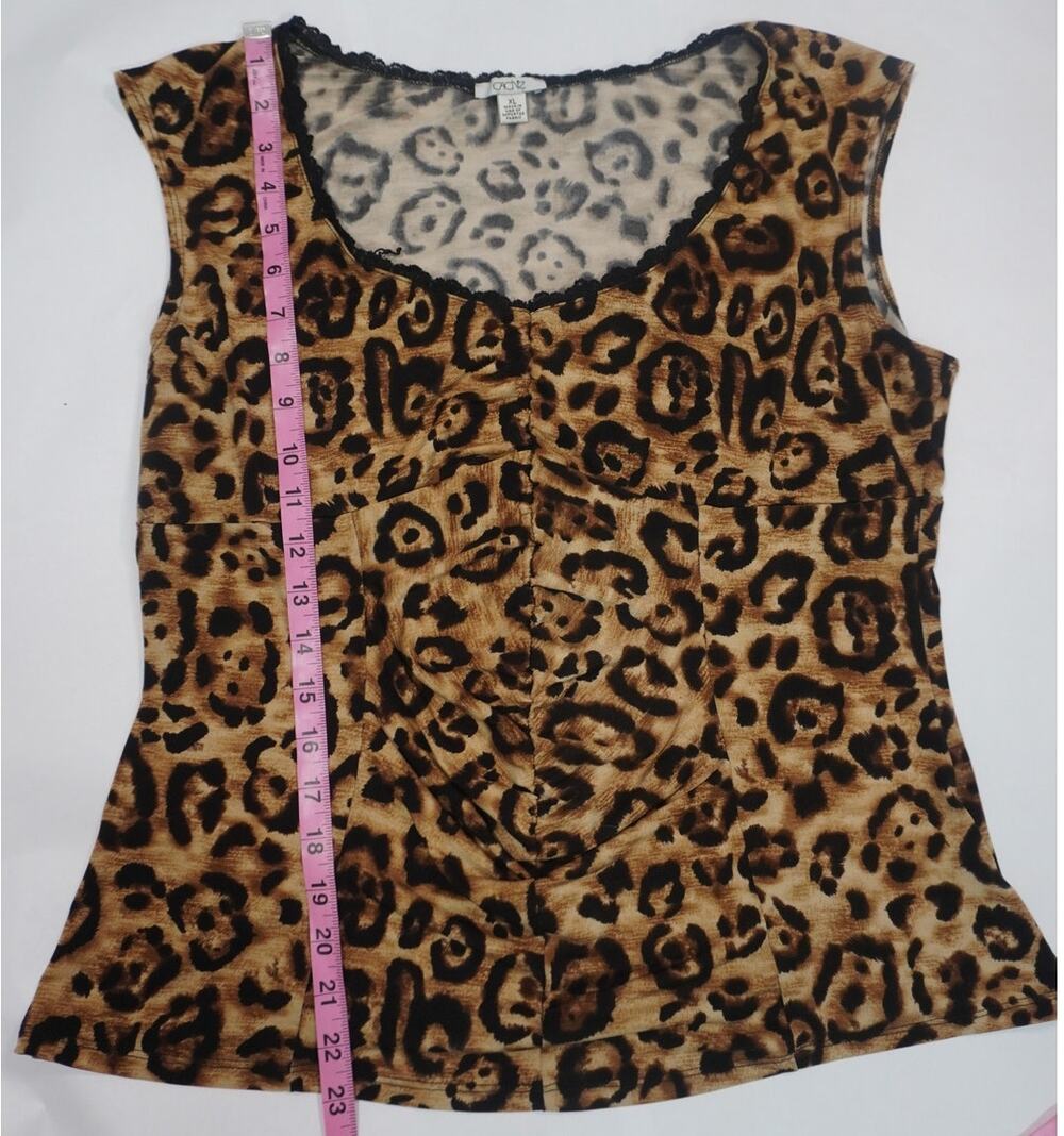 Vintage Caché Y2K Leopard Print Lace Trim Ruched Tunic Top XL